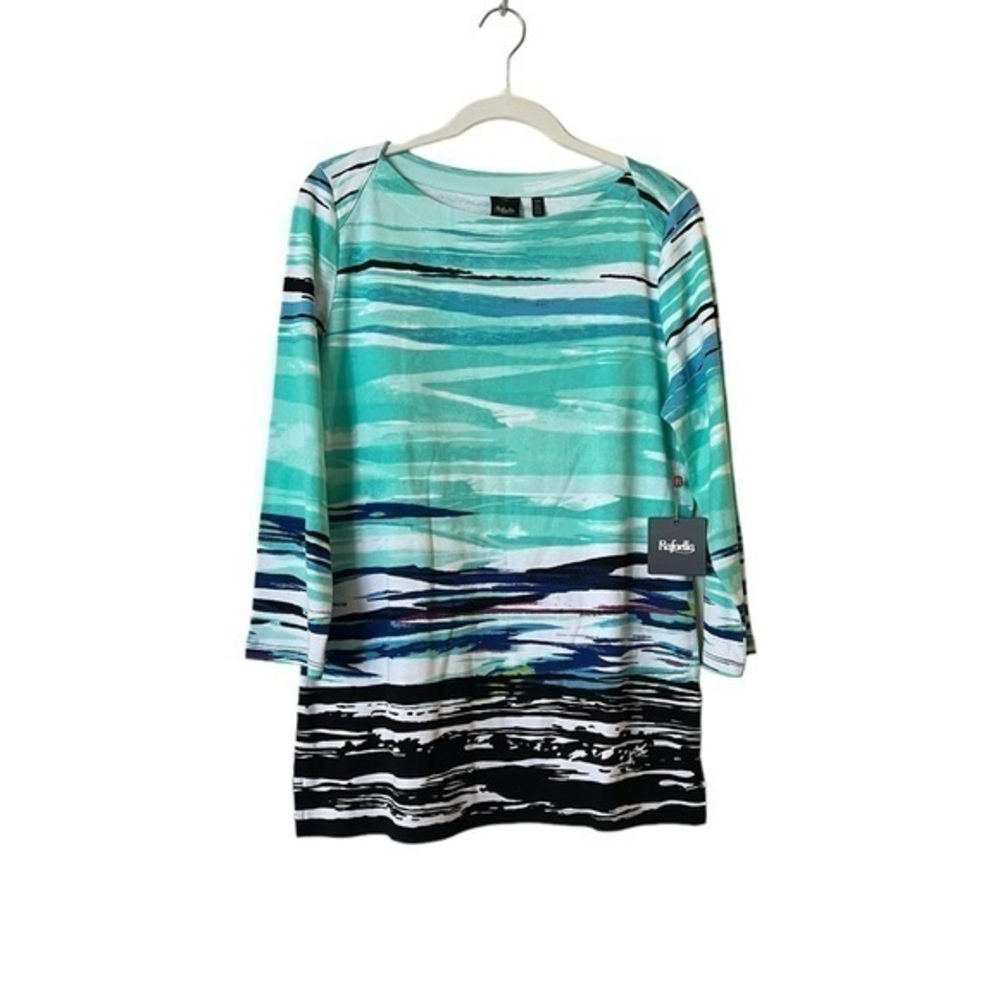 NWT! Rafaela “Water Reflections” Turquoise White & Black Striped Boat Neck Top